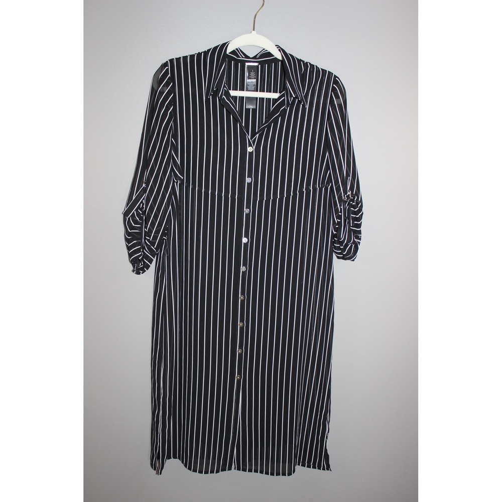 Chico's Shirt Dress Women 1 Black Great Striped Roll Tab Sleeve Black Label